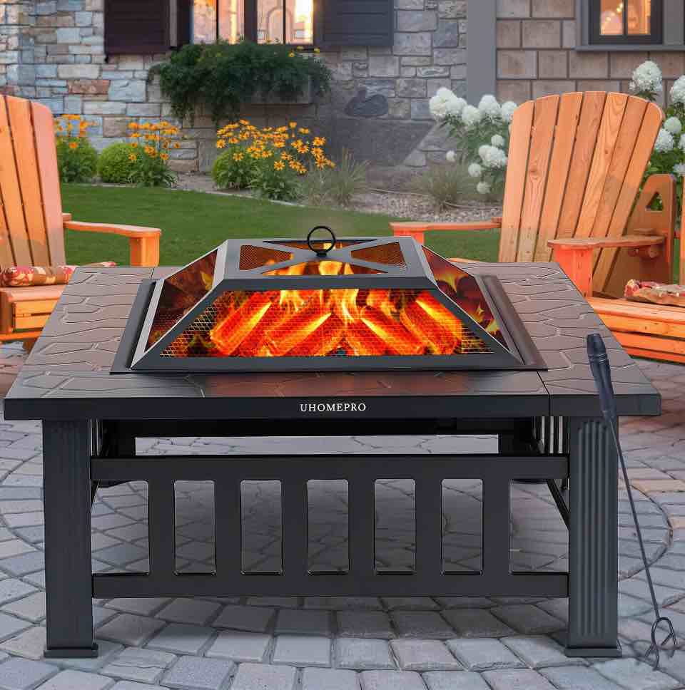 Fire Pits for Outside, 32" Wood Burning Fire Pit Tables with Screen Lid, Poker, BBQ Net, Ice Tray, Food Clip and Cover, Backyard Patio Garden Outdoor Fire Pit/Ice Pit/BBQ Fire Pit, Black