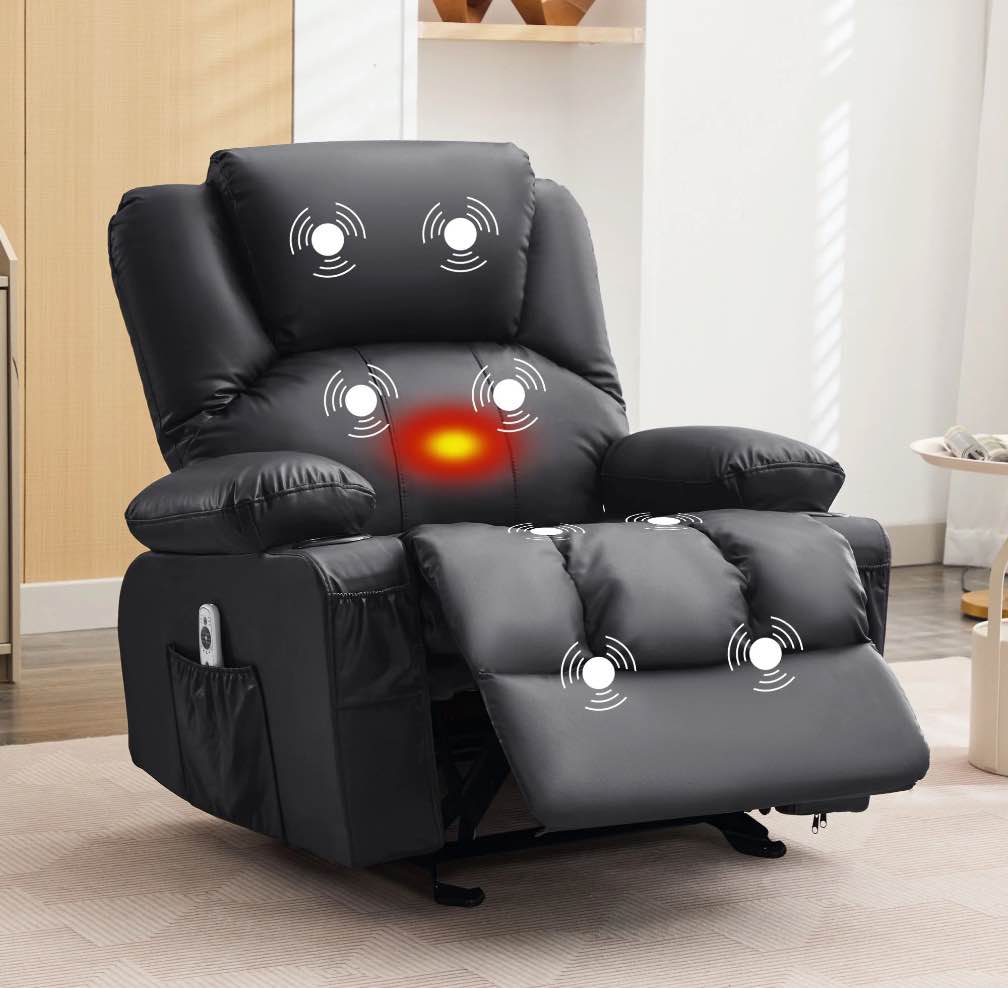 JONPONY Manual Recliner Chair with Heat Therapy and Massage Function, Heavy Duty Reclining Mechanism Massage Chair, Elderly Single Rocker Sofa with Cup Holders for Bedroom Home Theater,Black