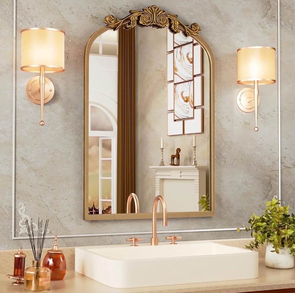 Swafrrt 24  x 36  Antique Gold Arch Mirror Vintage Wall Mirror Decor with Alumium Alloy Frame  Traditional Baroque Gold Bathroom Mirror for Wall  Tempered Glass  Hangs Vertical or Leans