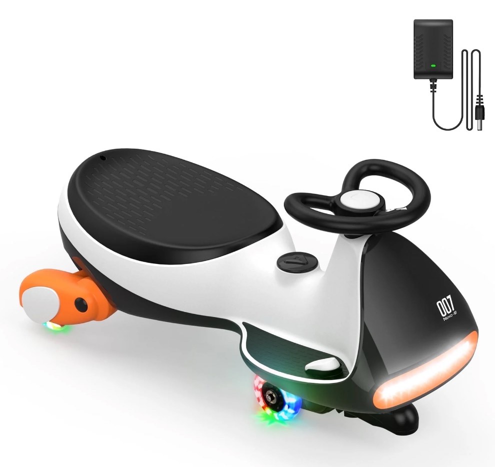 FanttikRide 12V N7 Pro Electric Wiggle Car with Pedal, 2-in-1 Kids Ride On Toy, Rechargeable Battery, 2-Speed, Anti-Rollover, Flashing Wheels, Bluetooth Music, for Ages 3+, 150 lbs, Penguin Black