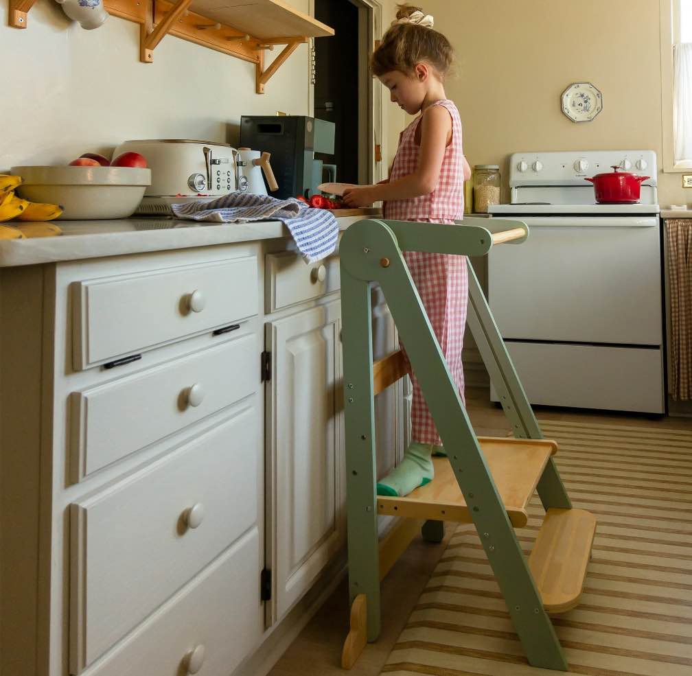 HARPPA Foldable Toddler Kitchen Tower, Standing Tower for Kids Age 1.5-6 Years,Sage Green