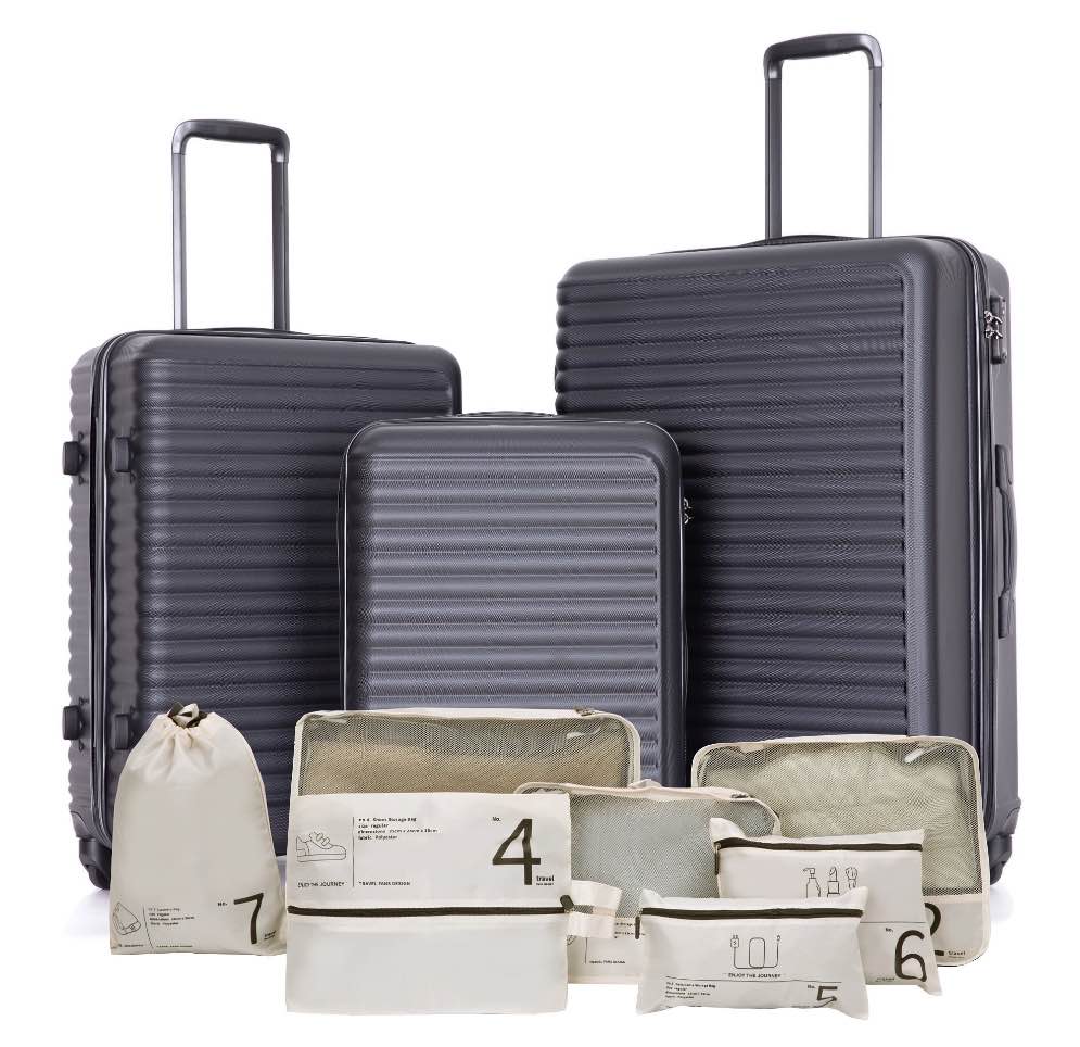 Travelhouse 3 Piece Hardside Luggage Set Hardshell Lightweight Suitcase with TSA Lock Spinner Wheels and 7 Packing Cubes.(Black)