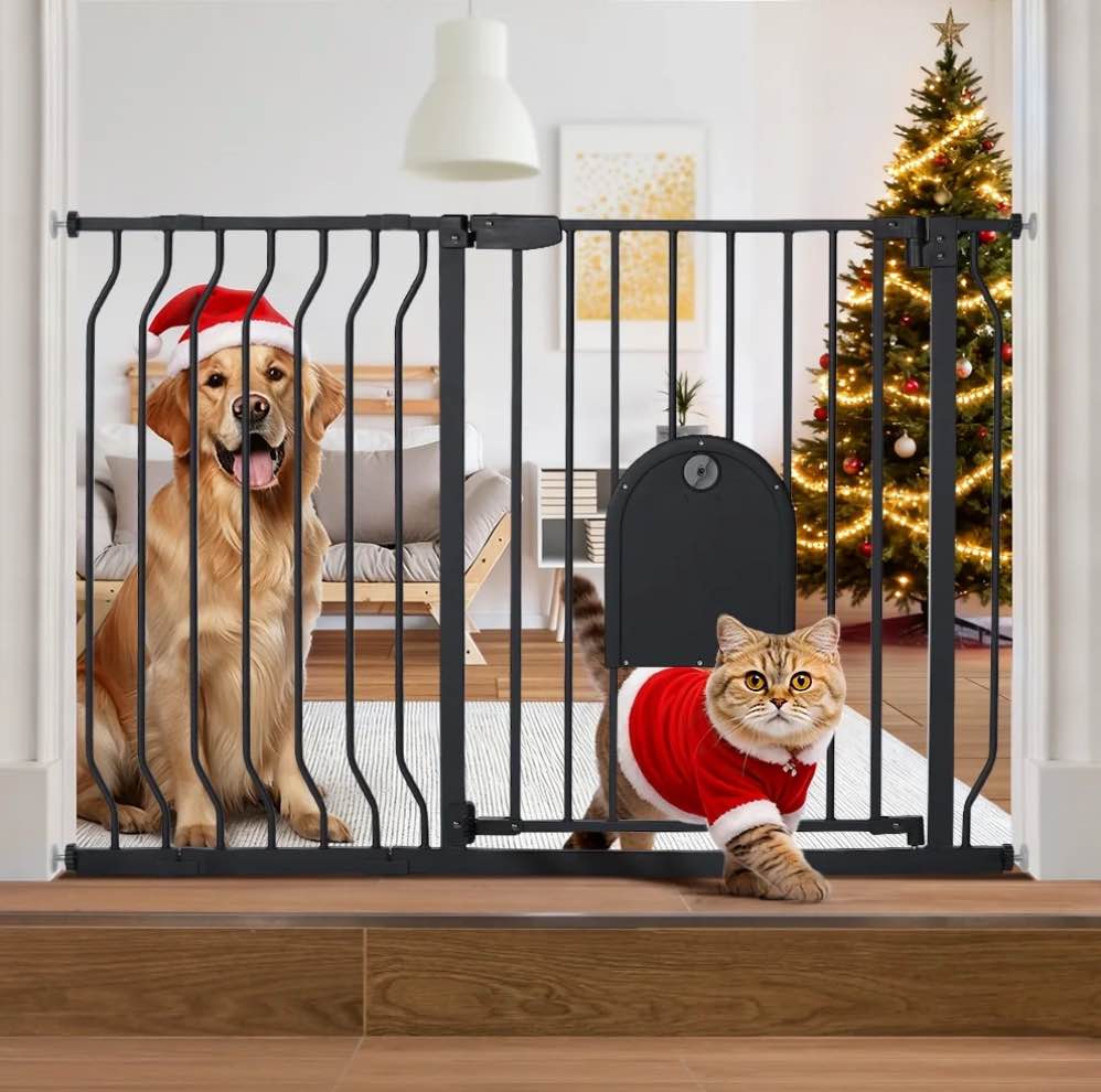 Caveen 29.5-48.4" Wide Pet Safety Gate with Cat Door Pressure Mount, Black