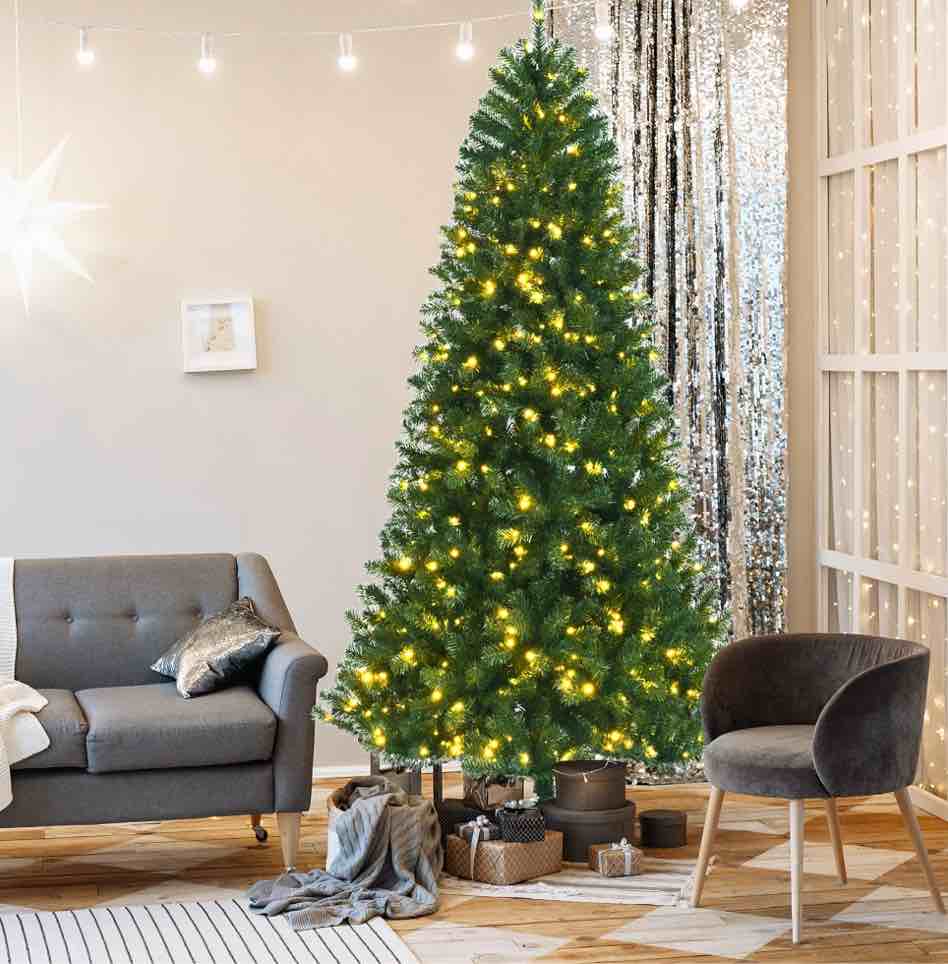 Costway - 7ft Pre-lit Hinged Christmas Tree w/ Remote Control & 9 Lighting Modes - Green
