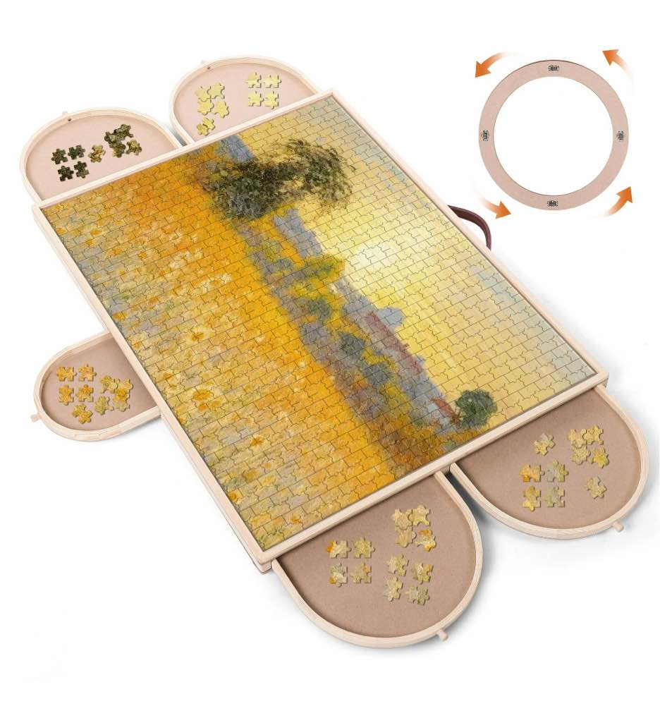 Crtynell 1500 Piece Puzzle Board With Drawers And Cover, 34" X 26" Wooden Rotating Jigsaw Puzzle Table, Spinning Puzzle Boards For Adults