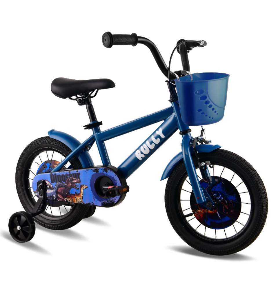 RULLY Dinosaur 12 Inch Boy's Bike for 2 3 Year Kid,Blue Theme Designs Kids Bicycle with Removable Training Wheels,Coaster Brake and Handbrake, Basket