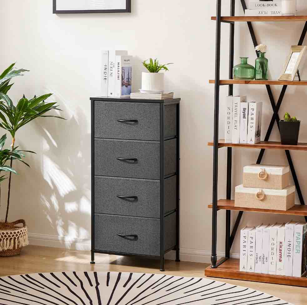 CONCETTA 4 Drawer Dresser, Wide Chest Drawers Nightstand Storage Tower Storage Fabric Dresser With Wood Top for Living Room, Bedroom, Closet, Gray