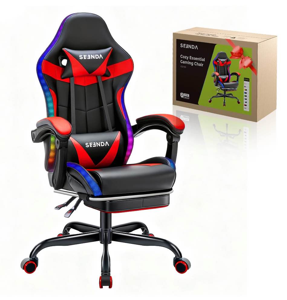 Gaming Chair, Seenda Video Game Chair with Footrest and Lumbar Support, Ergonomic Computer Chair Height Adjustable with Swivel Seat and Headrest, Red