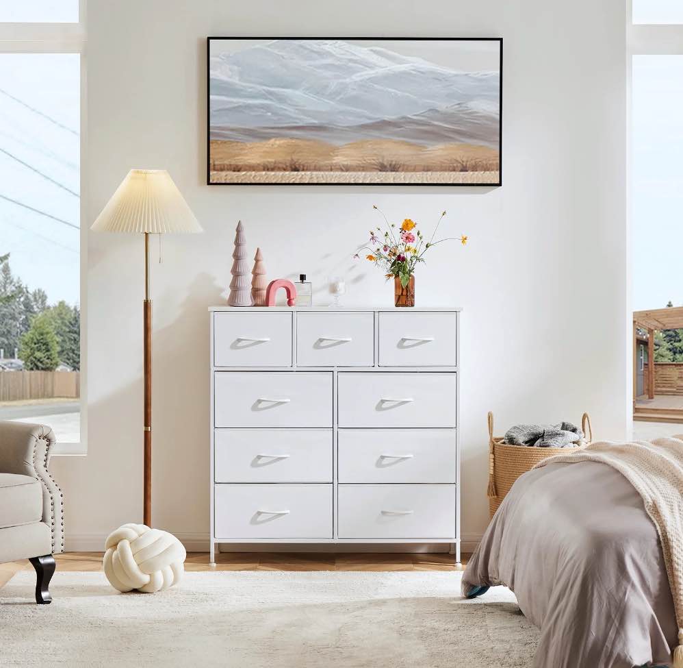 ZUNMOS Fabric Storage Dresser with 9 Drawers, Steel Frame and Wooden Top for Bedroom, Closet and Entryway , White