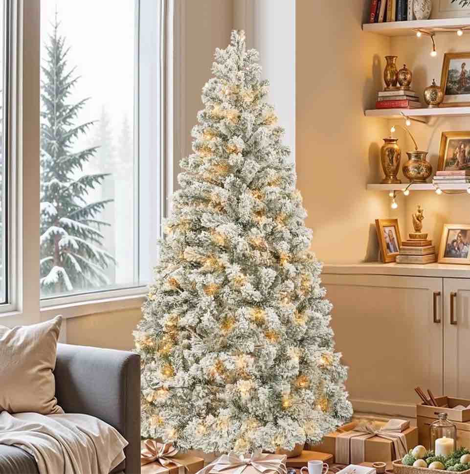 5FT Pre-Lit Hinged Christmas Tree Snow Flocked with 600 Tips 200 Lights
