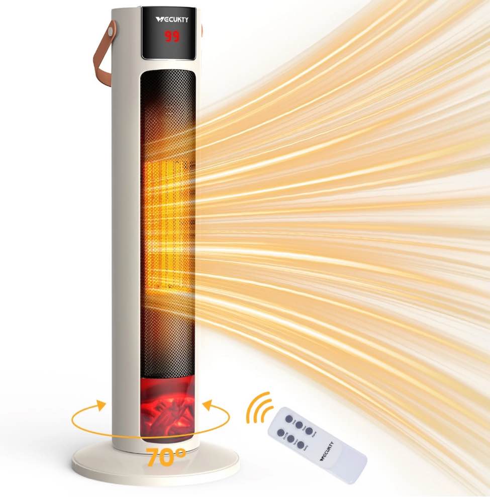VECUKTY 26" Tower Space Heater with 3D Flame, 1500W Portable Electric Tower Electric Heater, 70 °Oscillation, 9H Timer,Remote Control for Indoor Bedroom Office Home
