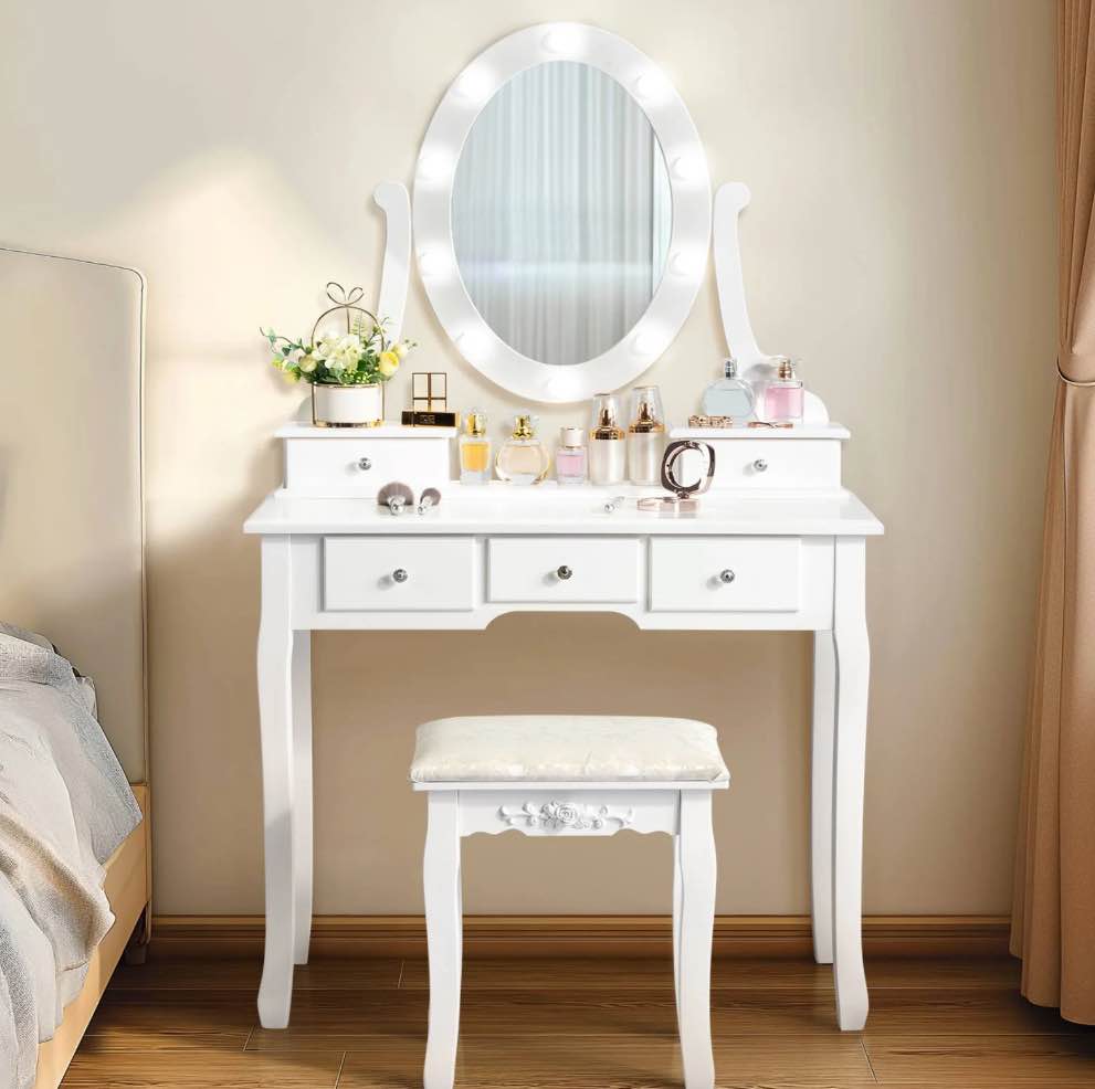 Ktaxon Vanity Table 10 LED Lights  5 Drawers Makeup Dressing Desk with Cushioned Stool Set Bedroom Vanities Set White