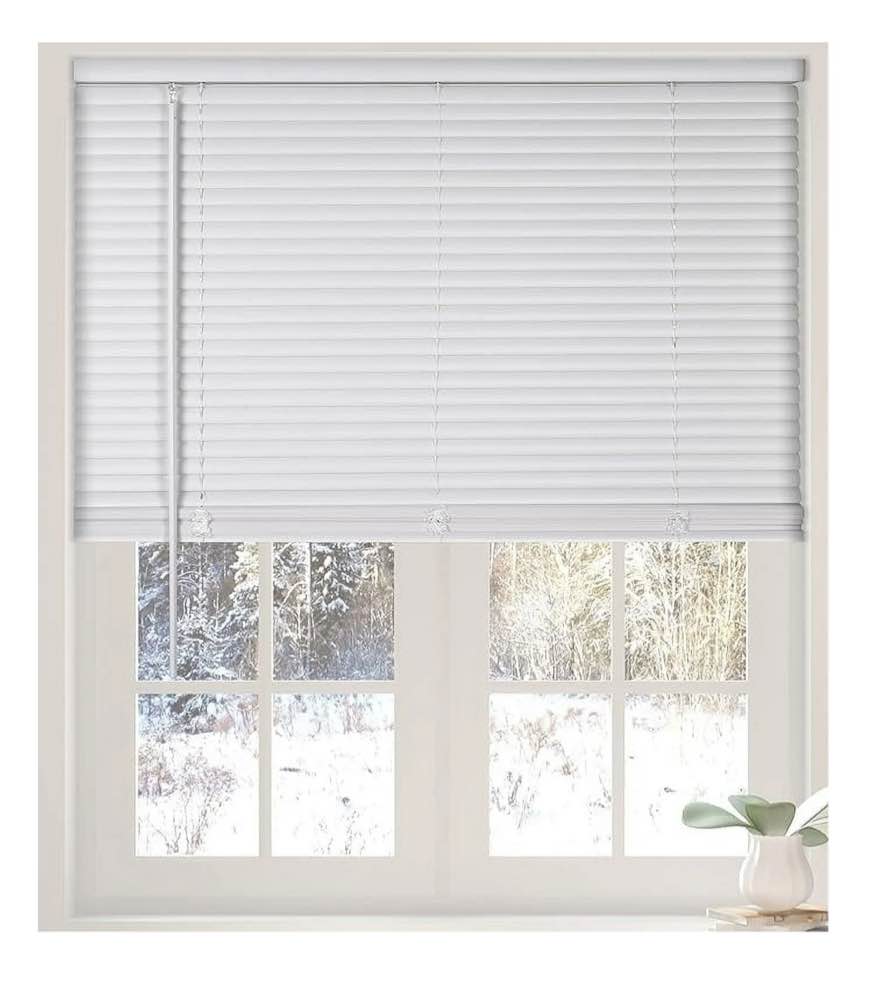 Calyx Interiors Cordless White 1” Light Filtering Mini Blinds 34"W x 60"H Window Blinds for Home, Vinyl horizontal blinds for indoor windows