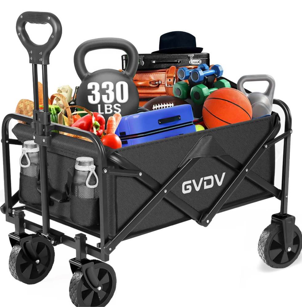 GVDV Collapsible Wagon Cart, Portable Utility Wagon for Camping, Beach, Picnic, Shopping, Sports, and Grocery Transport, Black
