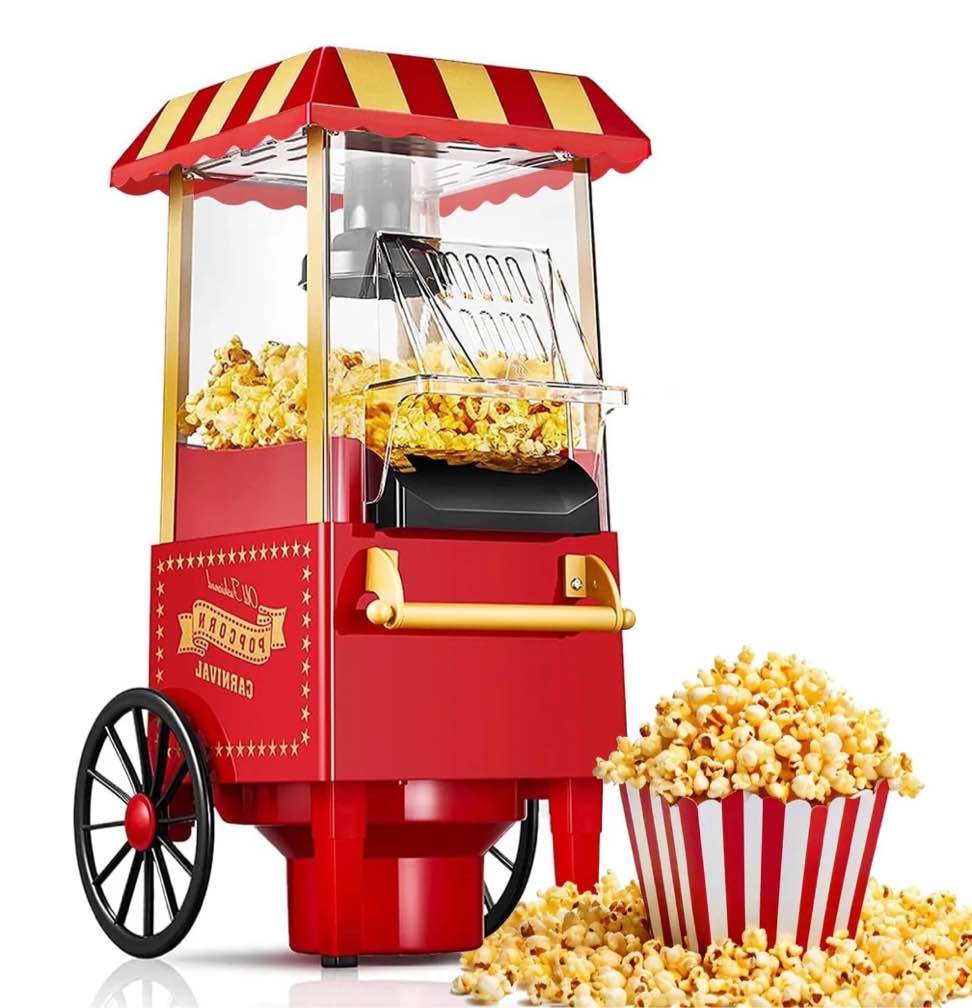 TINANA Vintage Hot Air Popcorn Machine, 1200W Oil-Free Popcorn Maker with Measuring Cup, Compact Countertop Popcorn Popper, 12-Cup Capacity, Red