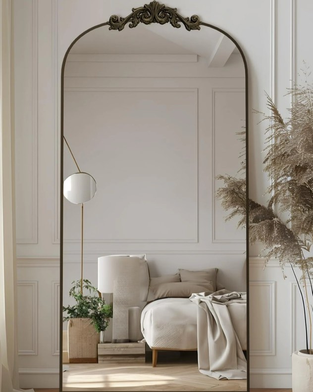 Antok 71"x28" Vintage Arched Full-Length Mirror with Carved Metal Frame, Baroque-Style Floor Mirror for Living Room, Bedroom, Entryway or Hallway Decor, Bronze