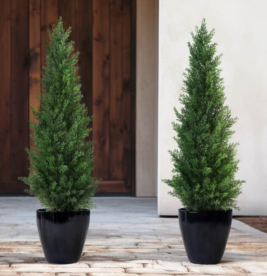 Artificial Cedar Tree 5 FT Artificial Cedar Topiary Trees for Outdoors Potted Fake Cypress Trees Faux Evergreen Plants for Home Porch Decor Set of 2