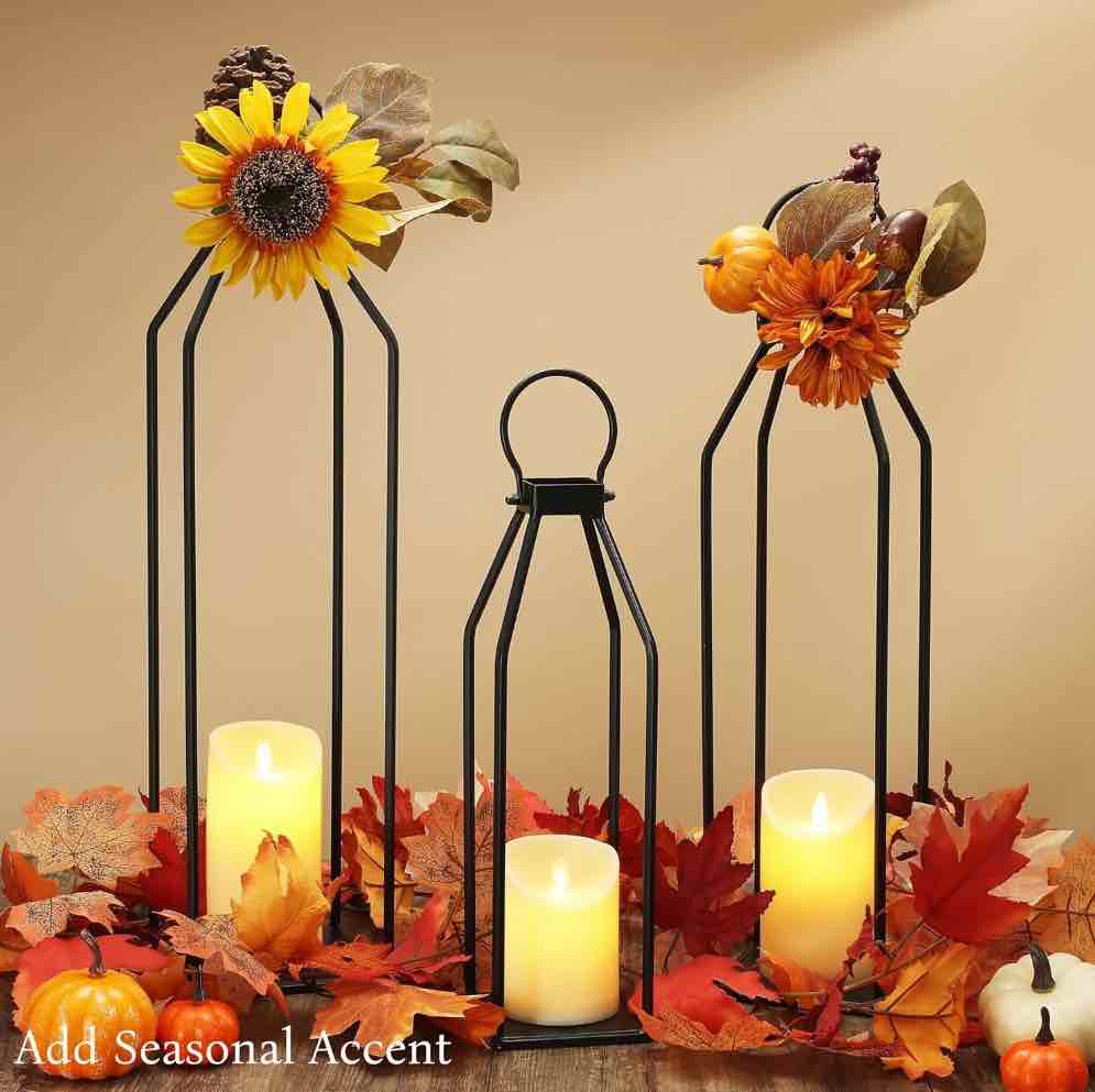 perfnique set of 3 black metal lanterns w/ 6hr timer candles modern farmhouse lanterns decorative for outdoor front porch patio dining table decor