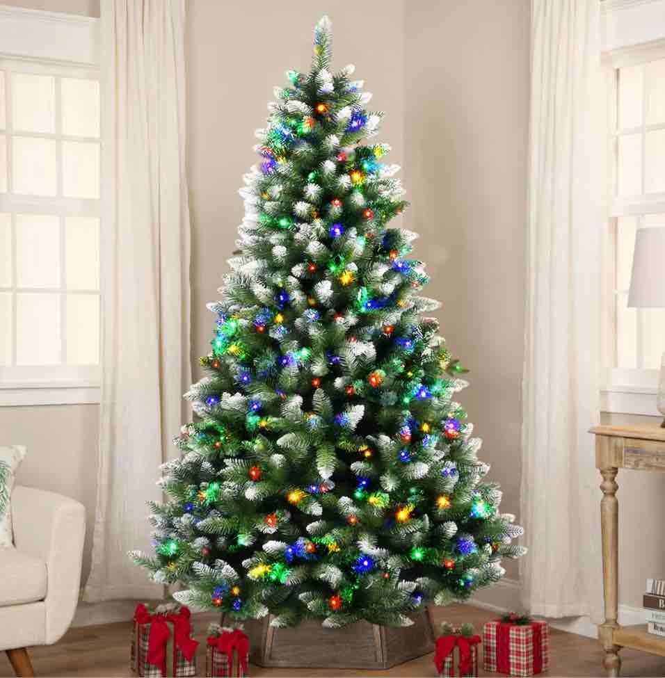 Yexmas 7.5ft Pre-Lit Green Christmas Tree, 11 Modes Colored LED Lights, Artificial Xmas Tree with Large Storage Bag