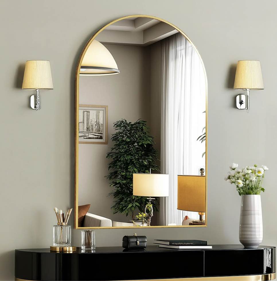 CONCETTA 24 x36  Bathroom Mirror  Decor Arched Wall Mirror  Bedroom Vanity Mirror with Metal Frame  Gold