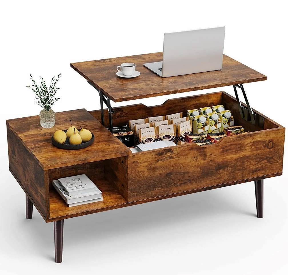 edx Adjustable Height Wooden Coffee Table with Hidden Compartments and Shelves - Perfect for Small Homes, Apartments, Reception Rooms, Rust Brown