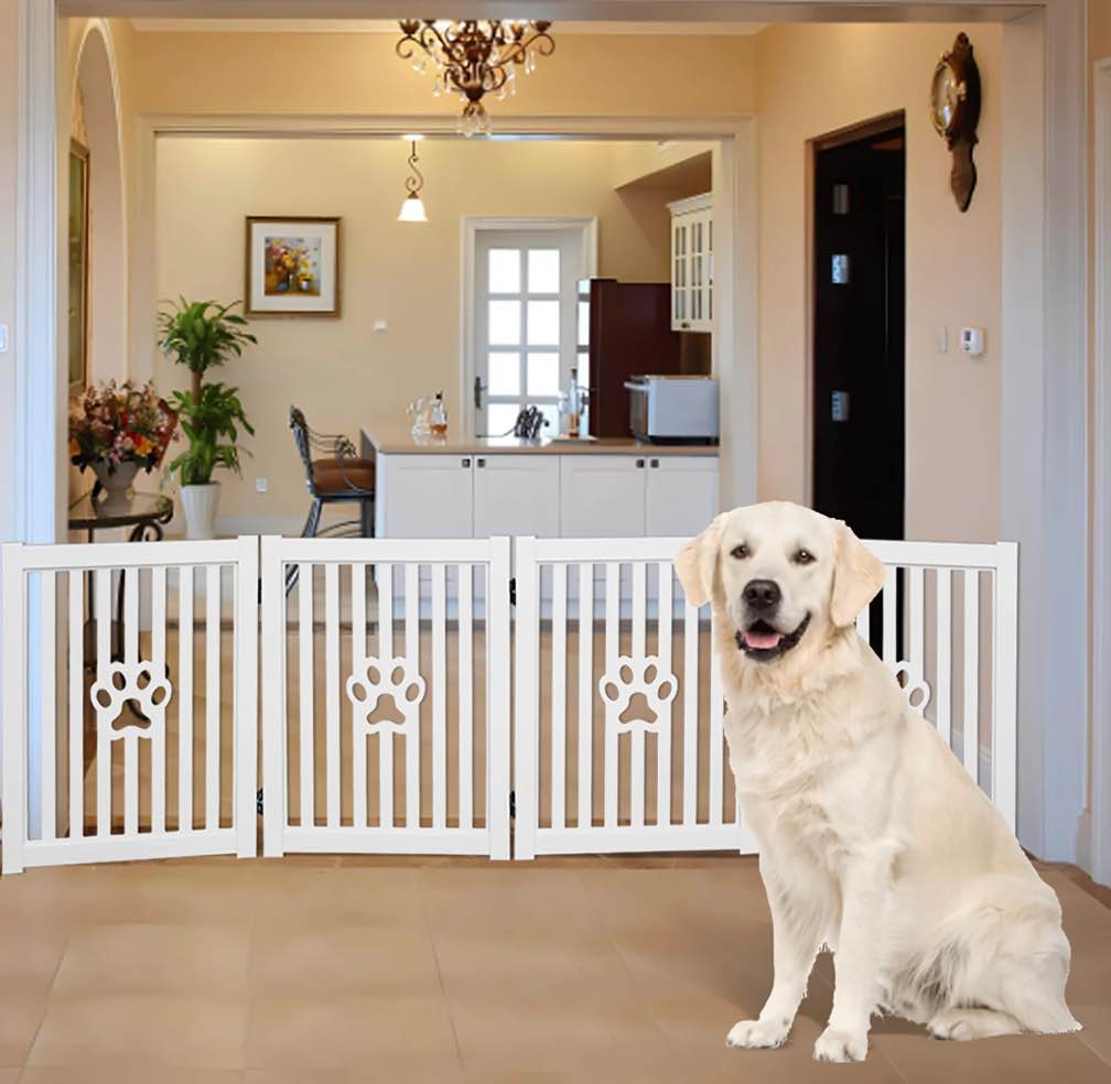 Trimate : 80"L x 23.6"H 4 Panel, Foldable Wooden Freestanding Pet Gate, White