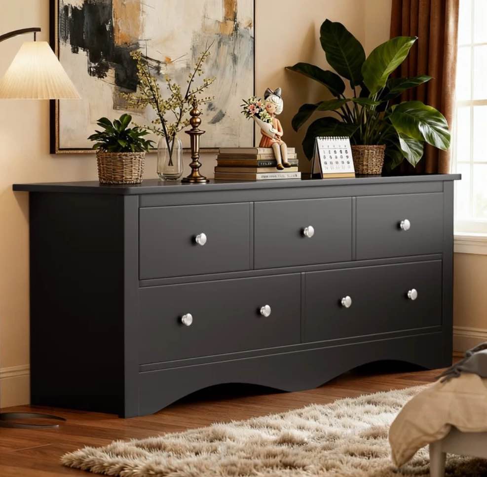 Homall 5 Drawer Double Dresser, Modern Wood Chest of Drawer for Living Room Bedroom,Black