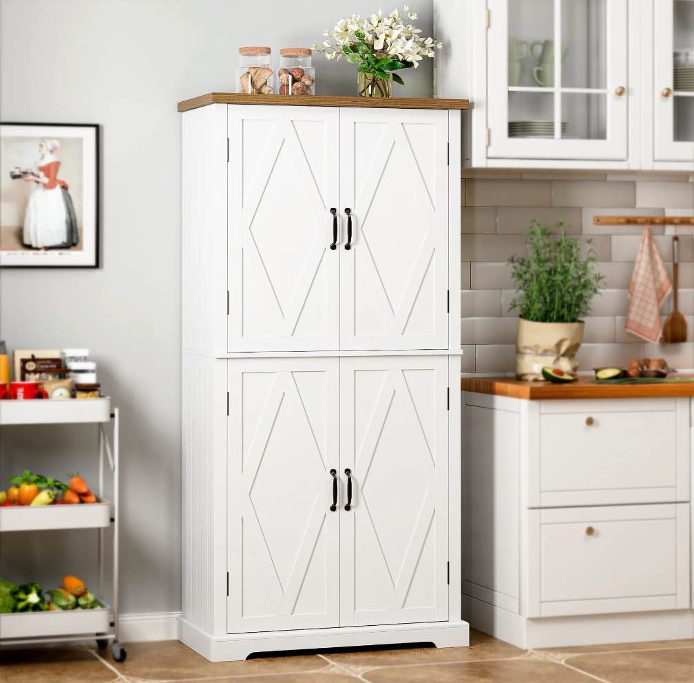 Homfa Farmhouse 63"H Kitchen Pantry Cabinet with Adjustable Shelf, Modern Wood Storage Cabinets for Small Space Department, White