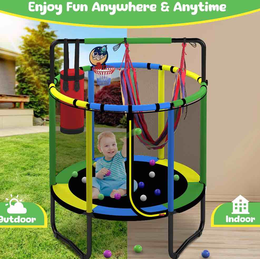 Mini Round Trampoline for Kids with Basketball Hoop  SEGMART 55   Indoor Outdoor Toddler Trampoline with Enclosure Net  Swing  Sandbag  Ring  Ocean Balls  Small Trampoline Gift for Boys Girls  Green