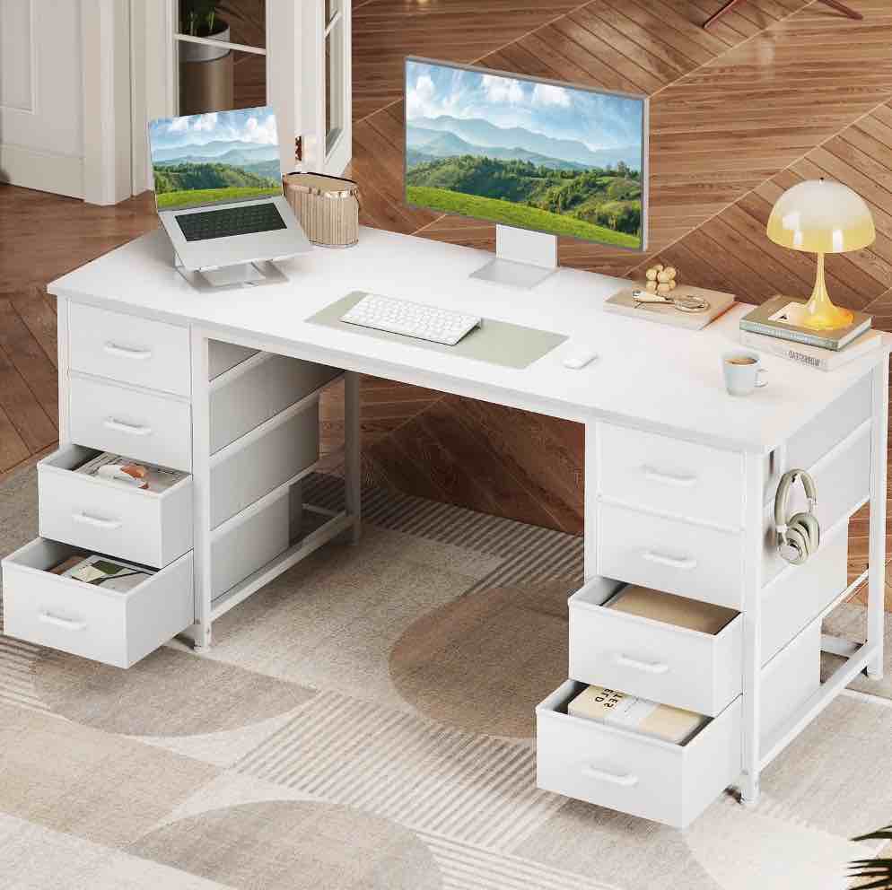 White Computer Desk with Drawers for Storage - 55 inch Home Office Desk with 8 Fabric Drawers, Writing Study Desk with Drawers on Both Sides for Bedroom