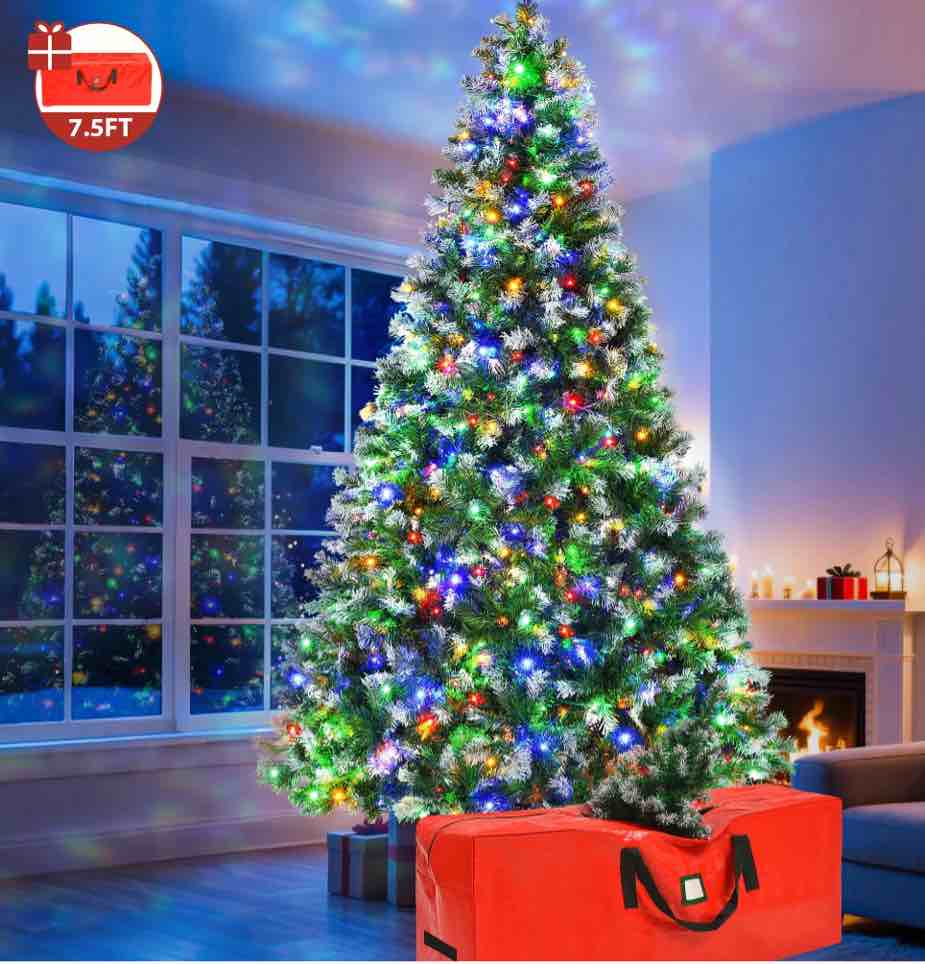 Yexmas 7.5ft Pre-Lit Green Christmas Tree, 11 Modes Colored LED Lights, Artificial Xmas Tree with Large Storage Bag