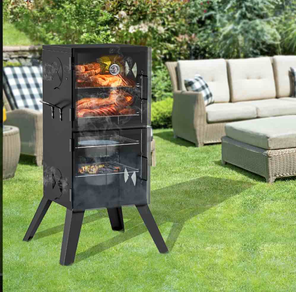 Kingchii Vertical Charcoal Smoker BBQ Grill with Built-in Thermometer, Portable Smoker for Backyard, Camping, Barbecue, and Outdoor Grilling