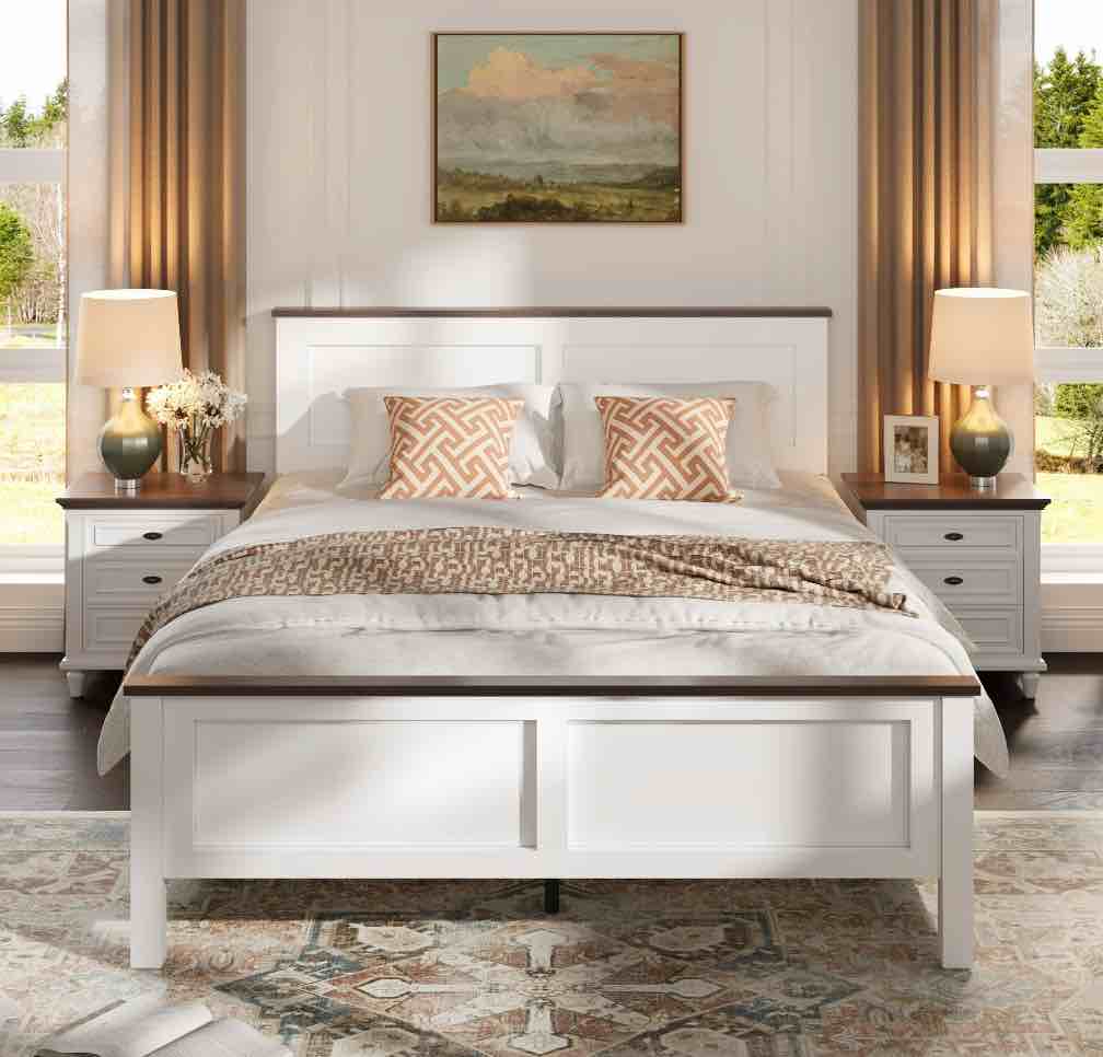 UHOMEPRO Full Size Bed Frame, Wooden Platform Bed with Headboard and Footboard, Strong Wood Slats Support, Farmhouse Style Full Bed Frame, No Box Spring Needed, White