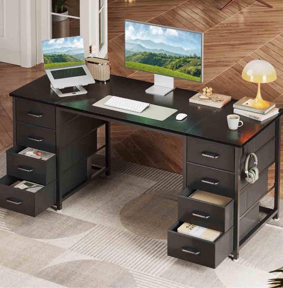 Black Computer Desk with Drawers for Storage - 55 inch Home Office Desk with 8 Fabric Drawers, Writing Study Desk with Drawers on Both Sides for Bedroom