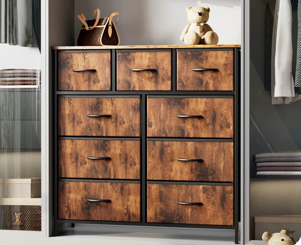 CCONCETTA 9-Drawer Fabric Dresser Storage Chest for Bedroom, Closet, Storage Furniture for Adults, Rustic Brown