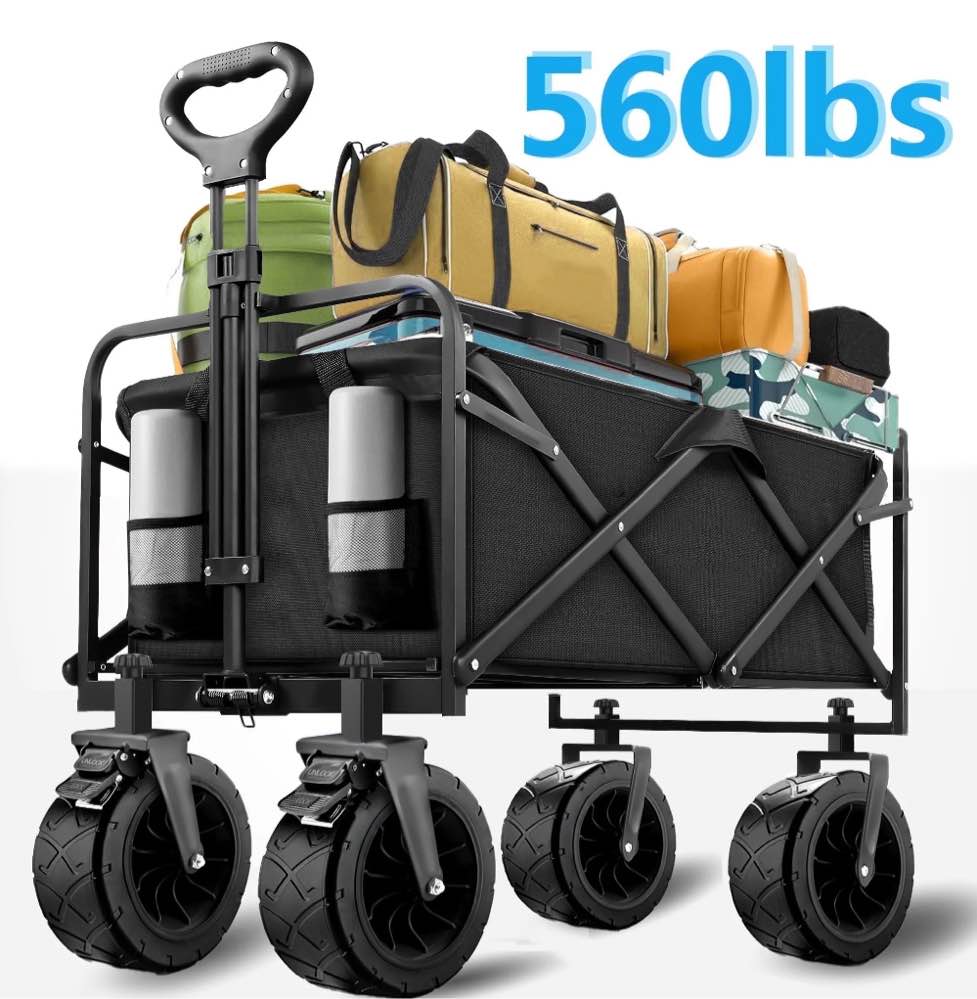Qunler 560lbs Collapsible Folding Wagon, Big Bucket Beach Cart,  Heavy Duty Large Capacity Garden Wagon with Multi-Terrain Brake Wheels for Outdoor Camping, Shopping, Sports, Grocery, Kids, Black