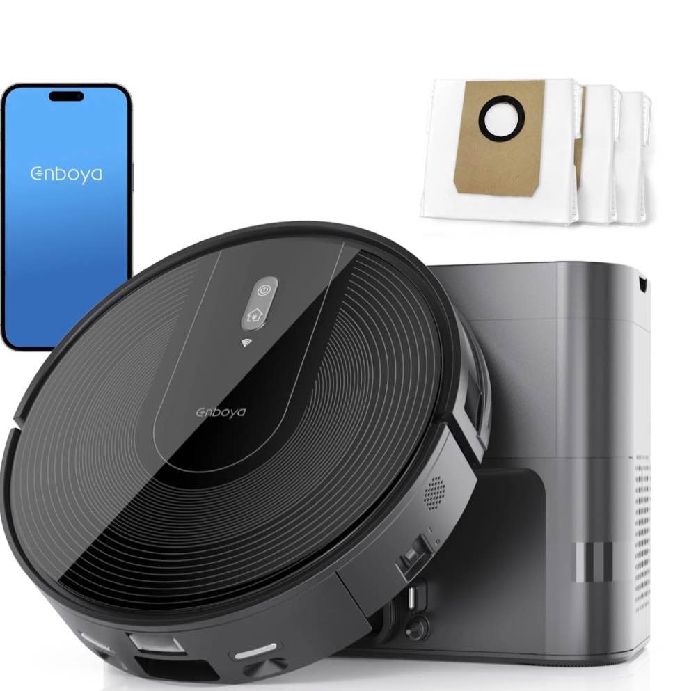Enboya D60+ Robot Vacuum Cleaner with Self Emptying Base  85 Days of Dust  Powerful 9000Pa Suction  Wi-Fi/App/Voice Control  Smart Robotic Vacuum Ideal for Hard Floors Pet Hair and Low Carpets