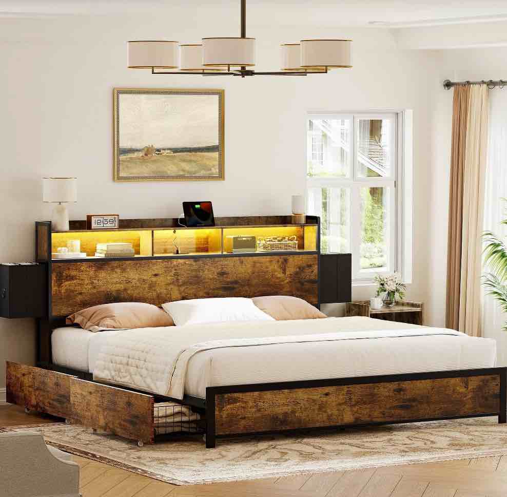 GUNAITO King Bed Frame with 2 Drawers Headboard Platform Bed Frame with LED Lights Charging Station Rustic Brown