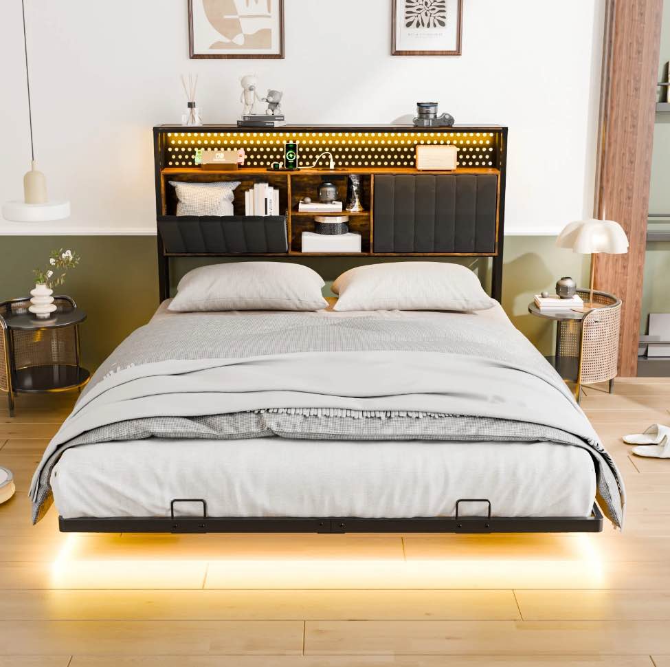 Zimtown Queen Floating Bed Frame with Storage Headboard and LED Lights, Upholstered Platform Bed with Charging Station, Black