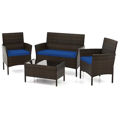 Patio Furniture Set  4 Pieces Outdoor Rattan Conversation Sofa Set  All-Weather Wicker Patio Sets  Cushioned Sofa and Coffee Table for Garden Deck Courtyard  navy