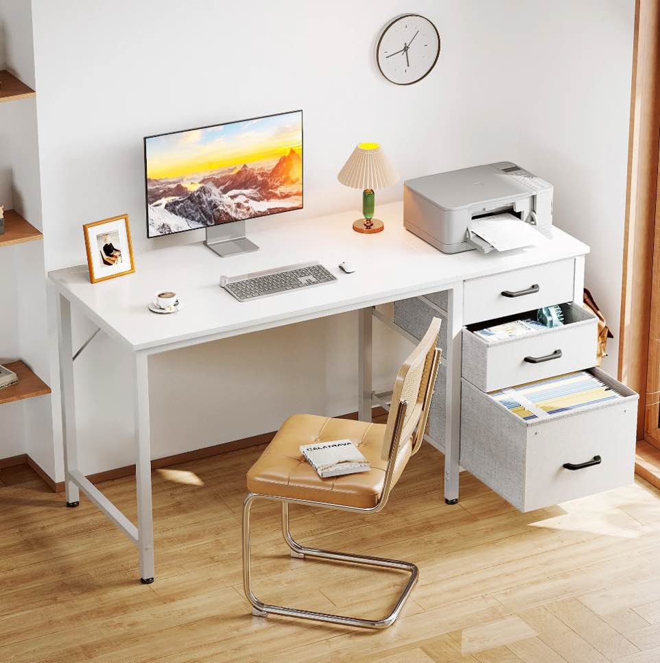 Casacomoda Computer Desk with Fabric Drawers & File Cabinet, Home Office Desk with Cloth Storage Bag and Hook, Vanity Desk for Bedroom, White