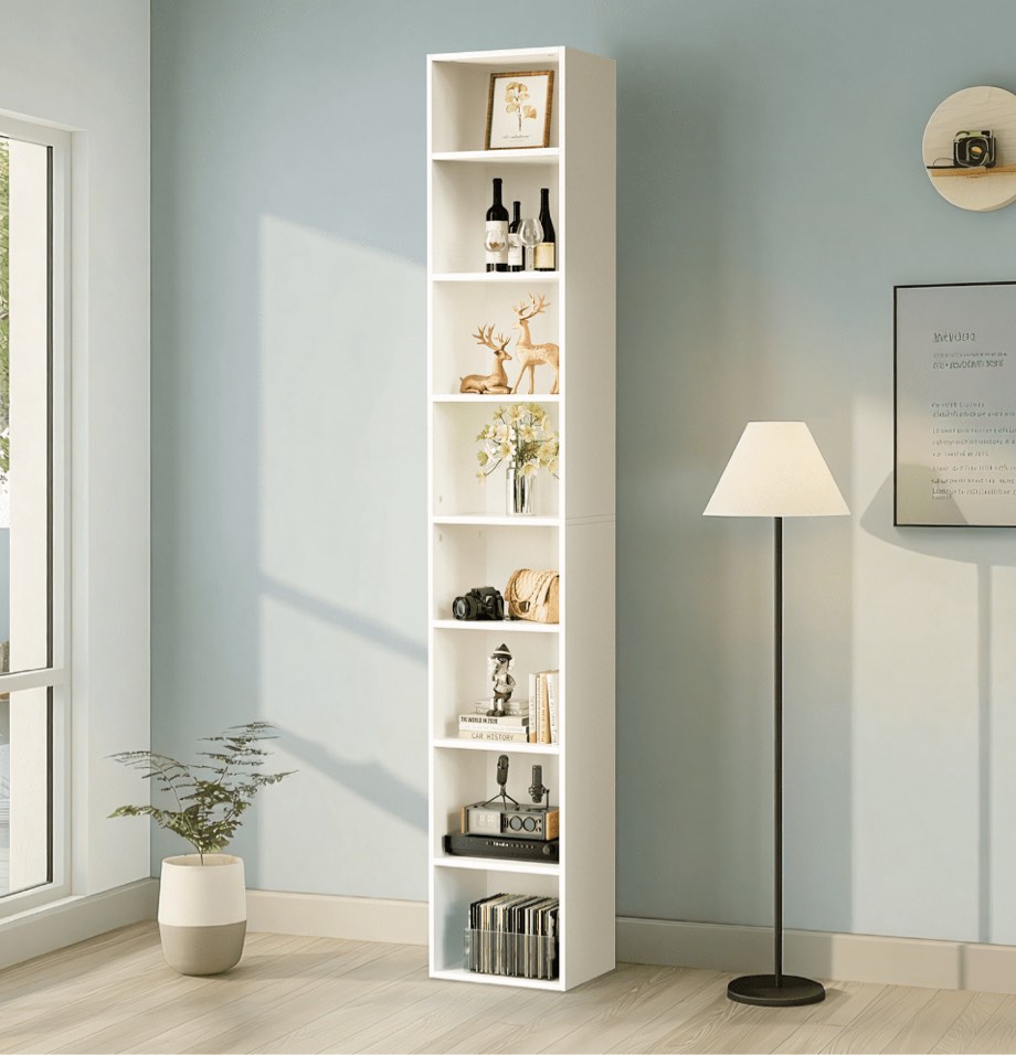 8-Tier Open Shelf Bookcase Wood Open Display Bookshelf with Adjustable Shelves, Tall Narrow Bookcase with Slim Storage Modern Media Tower Rack, White