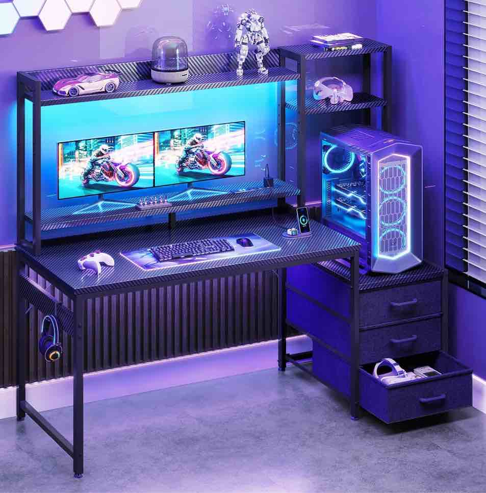 Casacomoda 48 inch Gaming Desk with LED Lights & Power Outlets, Home Office Desk with Reversible Storage Drawers & Monitor Shelves, Gaming Table for Small Space, Carbon Fiber  Black