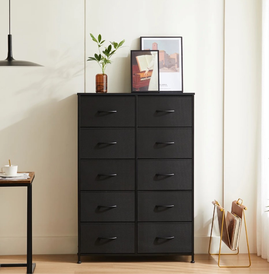 JIOABL 10 Drawer Chest Organizer with Fabric Bins, Dresser for Bedroom, Tall Steel Frame, Black