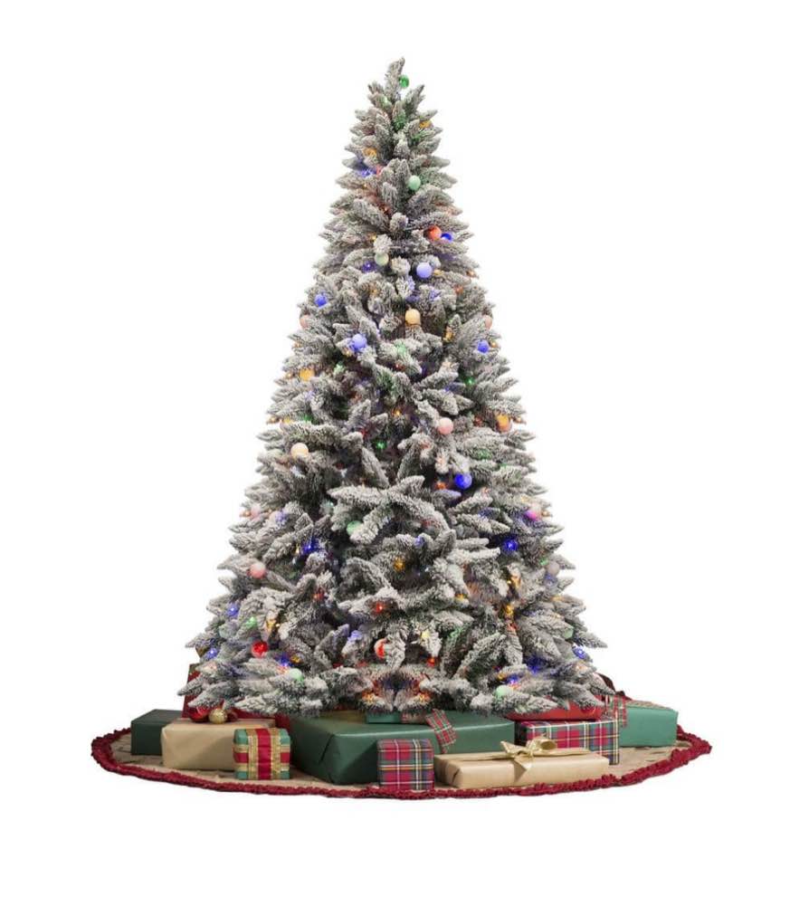 Qunler 6 FT Pre-Lit Flocked Christmas Tree with 300 Branch Tips, Snow Artificial Xmas Tree with 100 LED Lights for Holiday, Outdoor, Indoor, Home