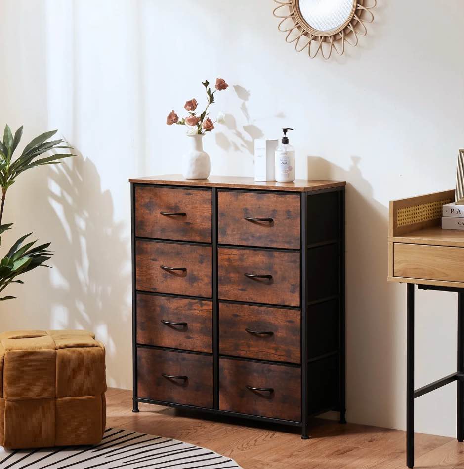 JIOABL 8 Drawer Chest Organizer with Fabric Bins, Dresser for Bedroom, Tall Steel Frame, Rustic Brown