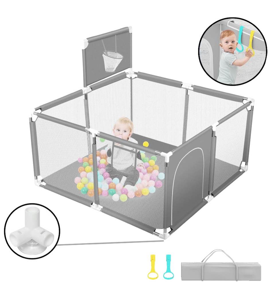 HioHa Baby Playpen, Baby Playard with Basketball Hoop, Portable Play Yard Baby Fences for Infant Toddler