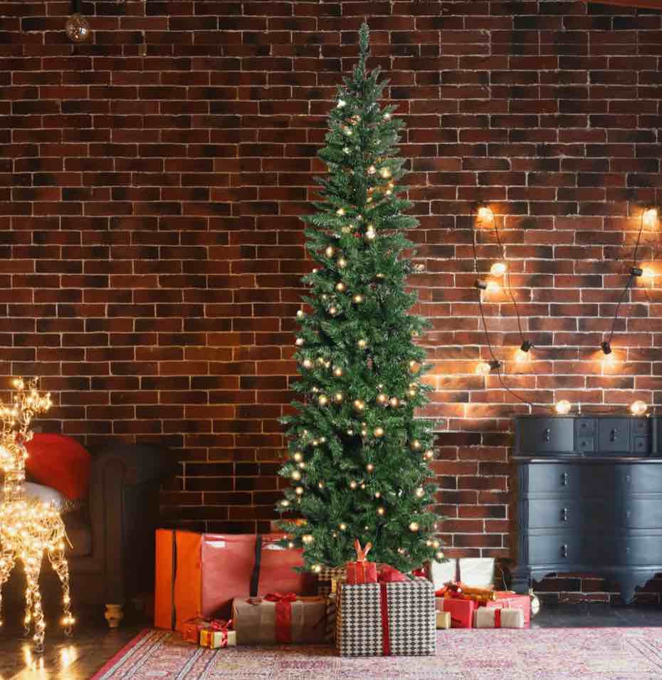 6.5 FT Artificial Christmas Tree Pre-Lit Pencil Pine Tree 719 Tips Metal Stand for Holiday Decor Green