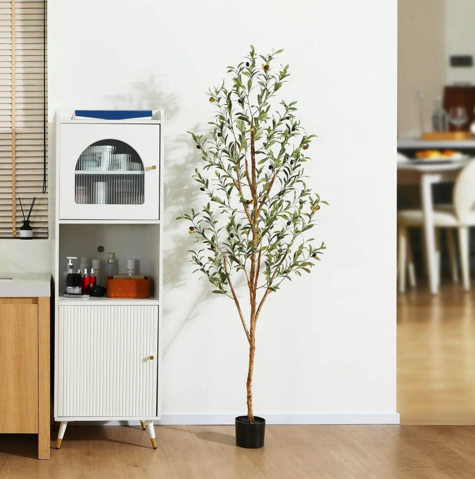 6 ft Artificial Olive Plants with Realistic Leaves and Natural Trunk, Silk Fake Olive Tree in Black Plastic Pot, Faux Olive Tree for Office Home