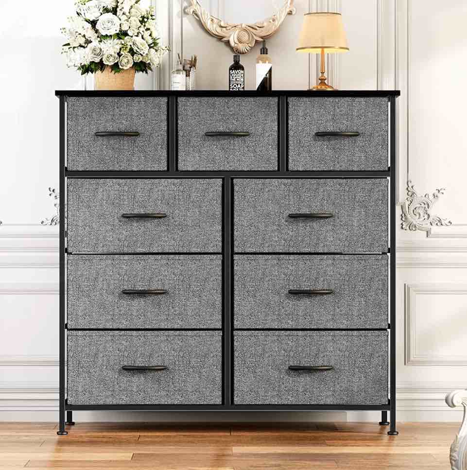 ZUNMOS Fabric Dresser for Bedroom 9 Drawer, Grey